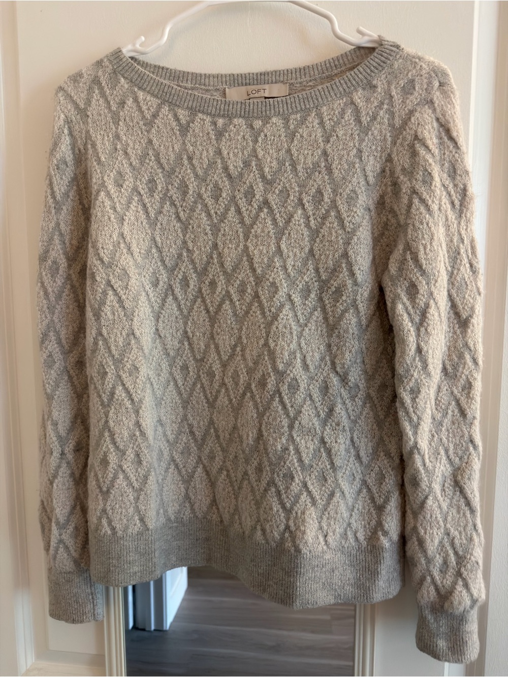 LOFT Light Gray Diamond-Textured Crewneck Sweater
